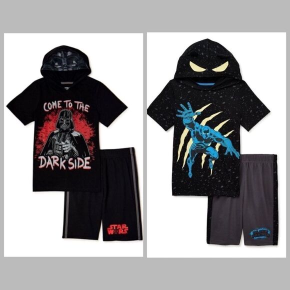 Boys Black Panther & Darth Vader Hoodie T-Shirt & Shorts 2pc Sets 2-Pack Size 5 - Picture 1 of 12